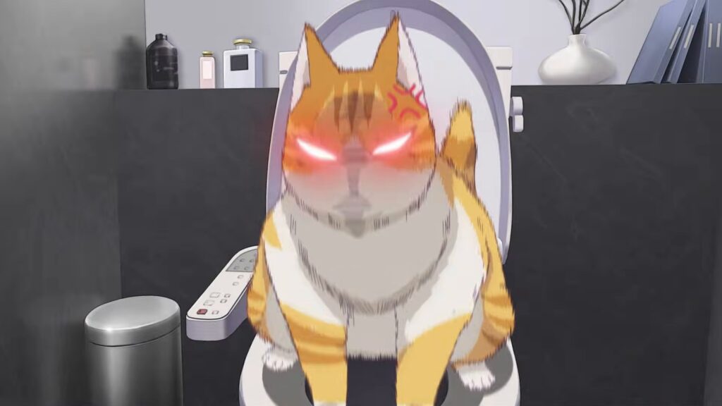 Kayden, preso no corpo de um gato gordo laranja e branco, encara a câmera com os olhos brilhando em vermelho e uma veia de raiva na testa, em cena do trailer oficial do anime Eleceed