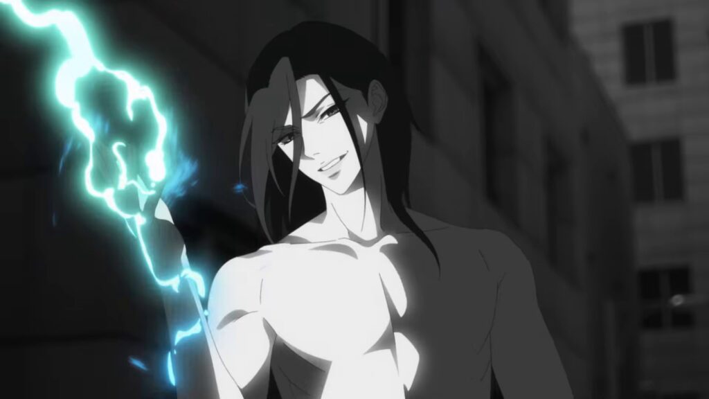 Kayden na forma humana, de cabelo preto comprido e sem camisa, sorri enquanto raios azuis saem da mão dele, em cena do trailer oficial do anime Eleceed