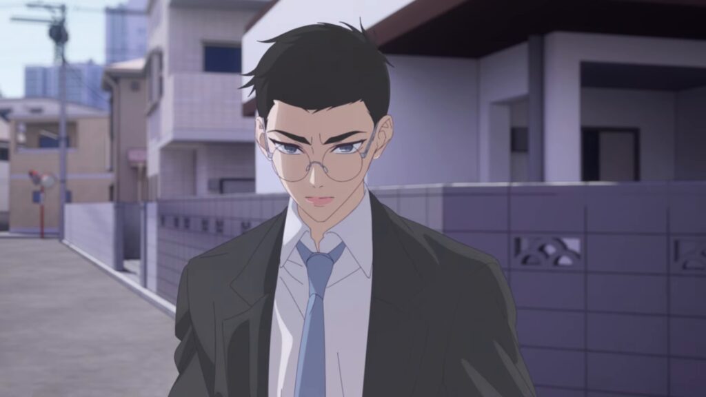 Wooin, de óculos redondos, paletó escuro e gravata azul, numa rua residencial, em cena do trailer oficial do anime Eleceed