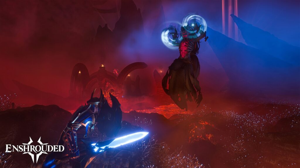 Screenshot oficial de lançamento: combate contra inimigo levitante com magia azul e portal vermelho ao fundo