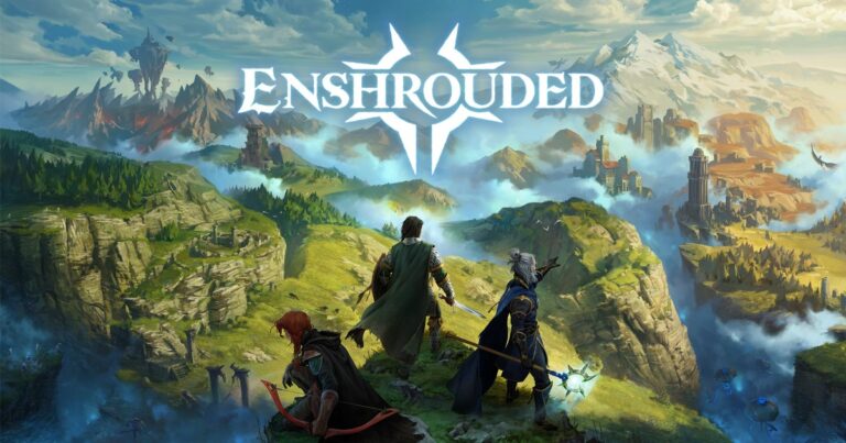 Key art oficial 1.0: três Flameborn (arqueira, guerreiro e mago) olham o vale de Embervale coberto pelo Shroud