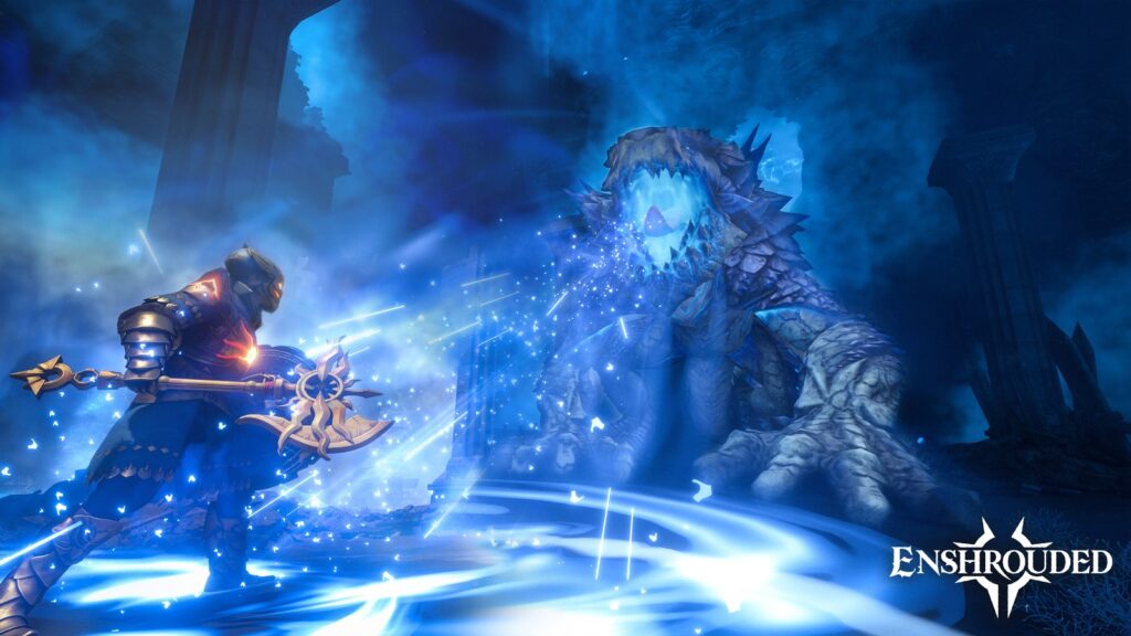 Screenshot oficial de lançamento: Flameborn com machado dourado enfrenta monstro rochoso sob luz azul do Shroud