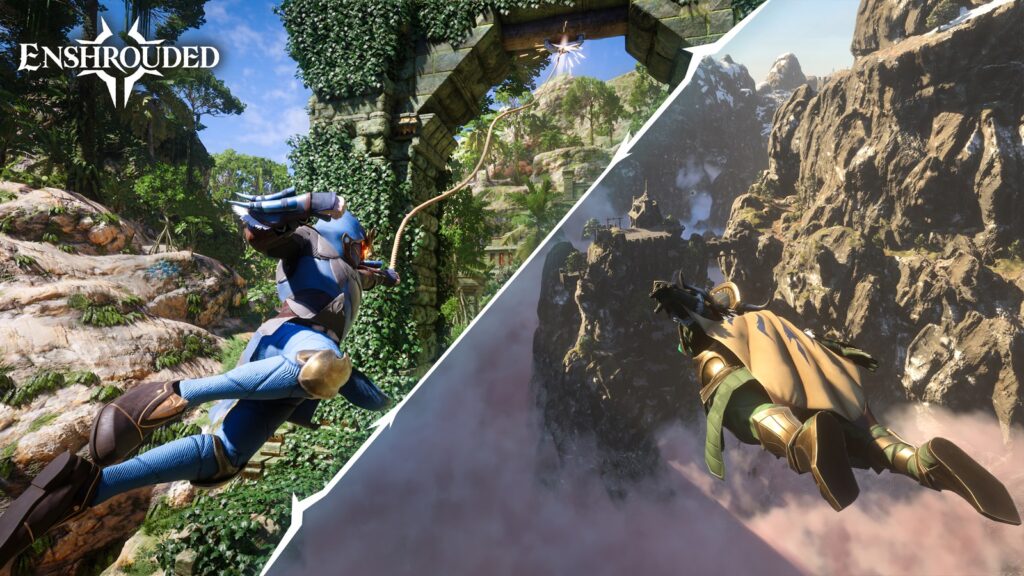Screenshot oficial de lançamento: gancho de escalada em ruína na selva e planar sobre cânion com glider