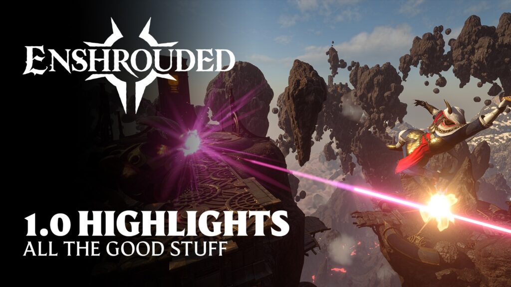 Banner oficial "1.0 Highlights" com ilhas flutuantes e combate mágico sob céu aberto