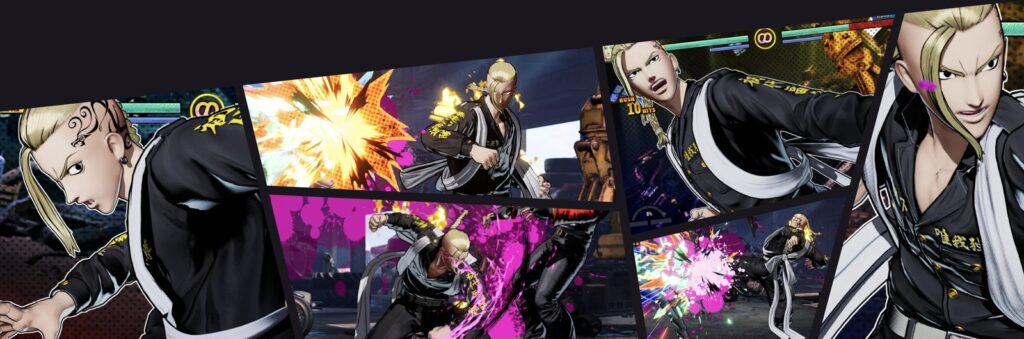 Montagem oficial com cenas de Draken no jogo: socos com explosões roxas, um combo de 10 hits e o close dele com a tatuagem de dragão na cabeça