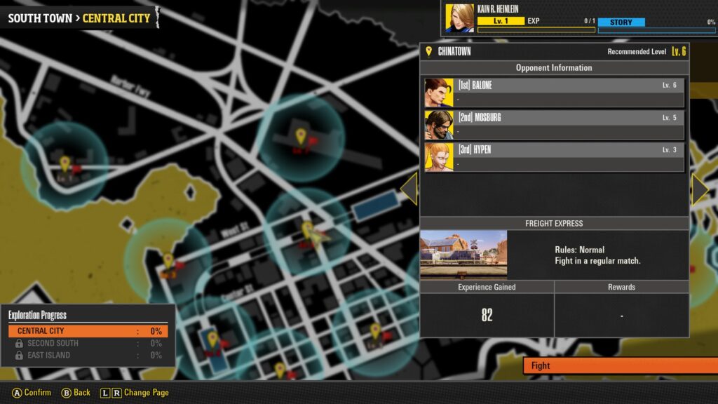 Mapa de Central City no modo Episodes of South Town, com a lista de oponentes do bairro Chinatown e o nível recomendado, na versão de Switch 2