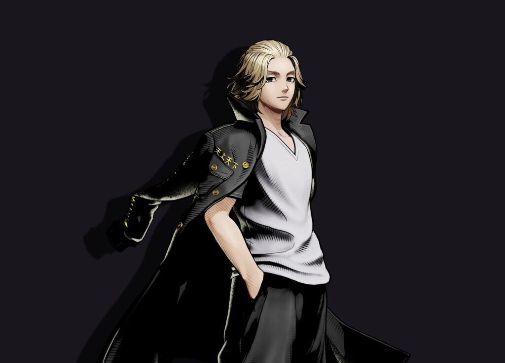 Arte oficial de Mikey em Fatal Fury City of the Wolves, com as mãos nos bolsos e o casaco da Tokyo Manji Gang caindo dos ombros