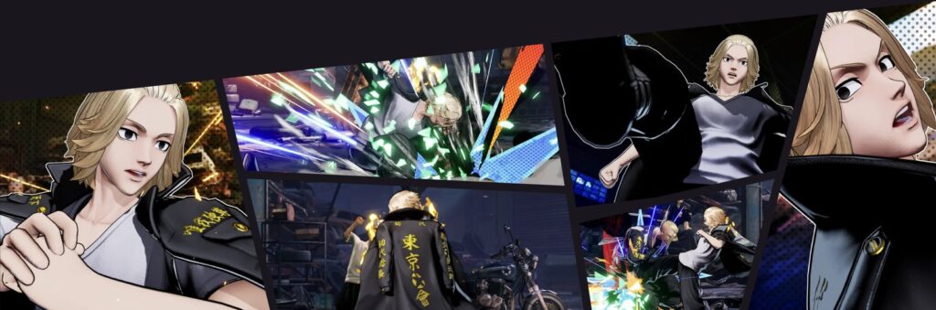 Montagem oficial com cenas de Mikey no jogo: o soco com efeitos verdes, a moto ao fundo com o casaco escrito Tokyo Manji Gang e o close do rosto dele