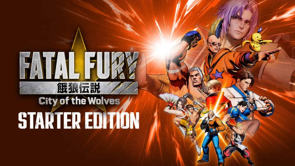 Arte da Starter Edition de Fatal Fury City of the Wolves no Switch 2, com Rock Howard, Terry Bogard e outros lutadores ao lado do logo