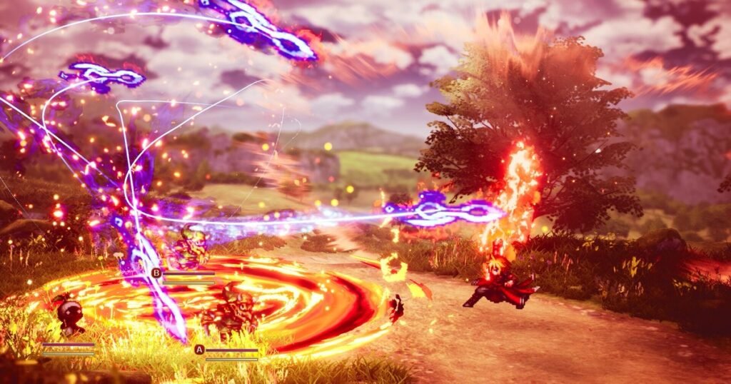 Ataque mágico explode em chamas e raios roxos numa batalha de Final Fantasy Resonance