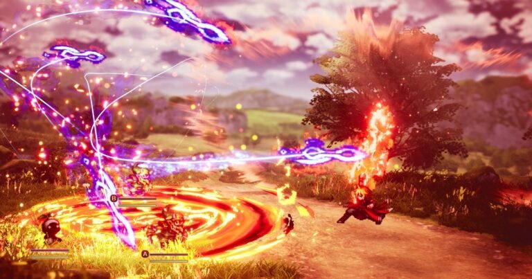 Ataque mágico explode em chamas e raios roxos numa batalha de Final Fantasy Resonance