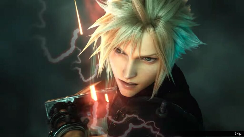 Herói de cabelo loiro espetado em close numa cena cinematográfica de Final Fantasy Resonance