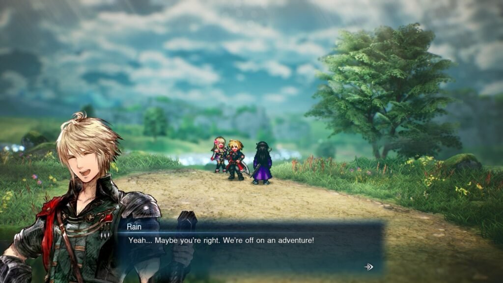 Grupo de heróis em pixel art caminha por um campo verde em Final Fantasy Resonance, com o retrato de um personagem no diálogo