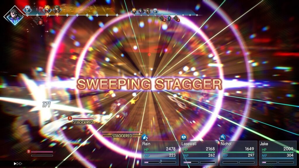 Tela de Sweeping Stagger, com efeitos de luz coloridos, numa batalha de Final Fantasy Resonance