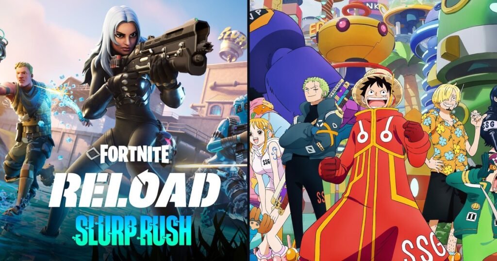 Jogadores de Fortnite armados na arte oficial do modo Reload, ao lado de Luffy e o bando do Chapéu de Palha na arte oficial do arco Egghead de One Piece
