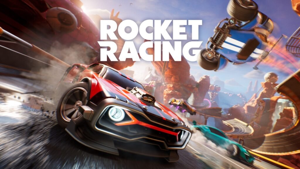 Carros com propulsores disparam por uma pista no deserto na arte oficial do Rocket Racing, o modo de corrida de Fortnite feito pela Psyonix, estúdio de Rocket League