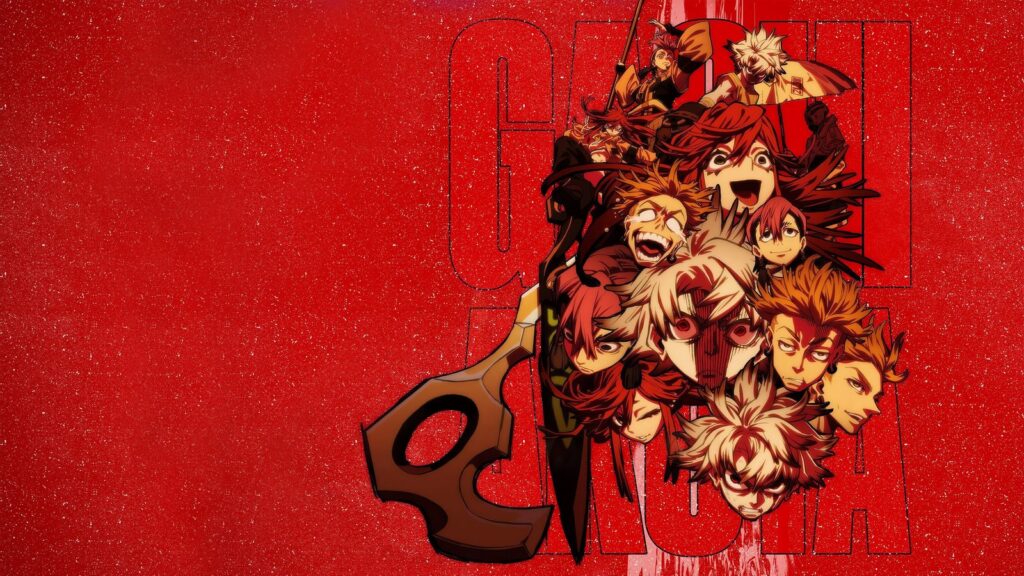 Key visual vermelho de Gachiakuta com os rostos de vários personagens da série empilhados ao lado de uma grande peça de metal