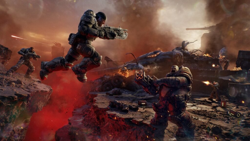 Soldados da COG saltam e atiram em meio a fumaça e terra vermelha em Gears of War: E-Day