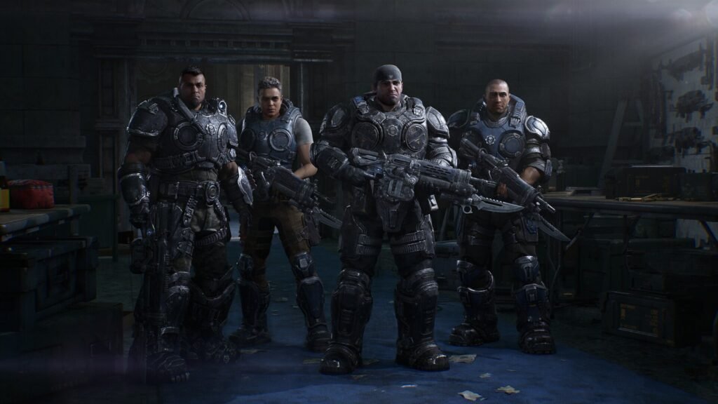 Esquadrão de soldados da COG reunido antes da batalha em Gears of War: E-Day