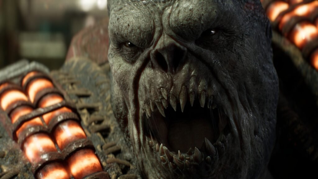 Um Locust ruge de boca aberta, com fileiras de dentes, em close de Gears of War: E-Day
