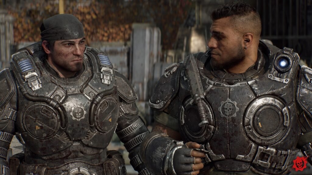 Marcus Fenix, de bandana, e Dom Santiago conversam de armadura em Gears of War: E-Day