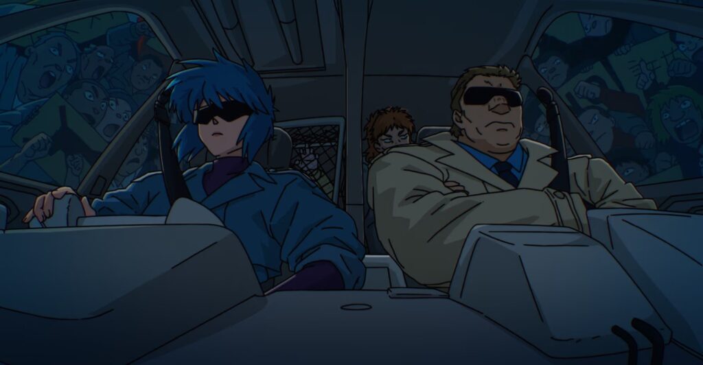 Motoko Kusanagi e Batou de óculos escuros dentro de um carro, com outro agente no banco de trás, em imagem do episódio 4 da série de 2026