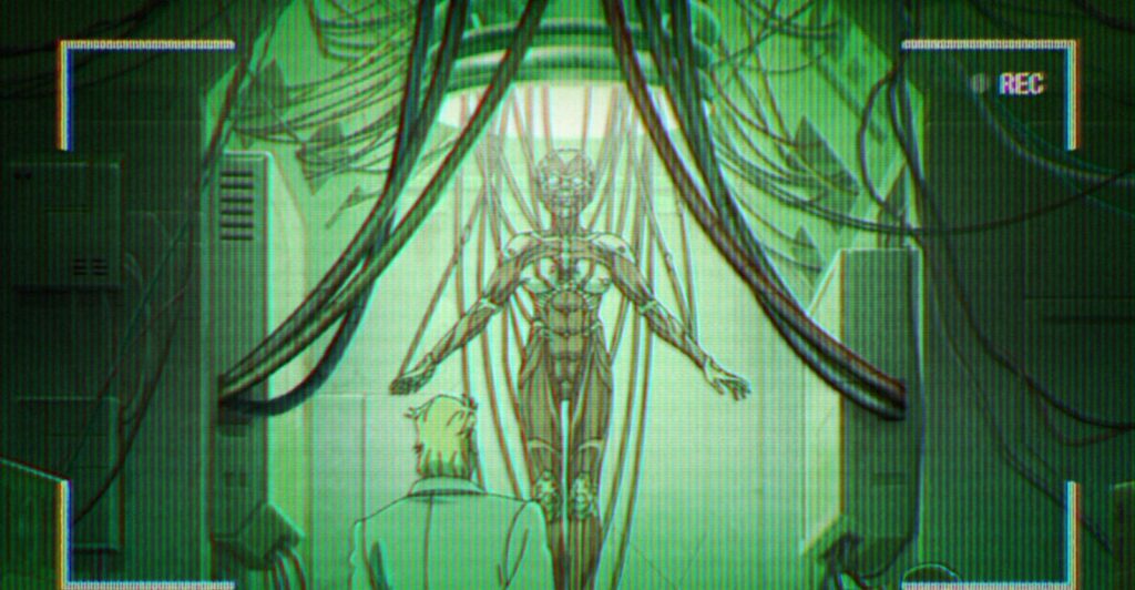 Imagem de câmera com a marca REC mostrando um corpo de ciborgue pendurado por cabos, observado por um homem, no episódio 8 da série de 2026