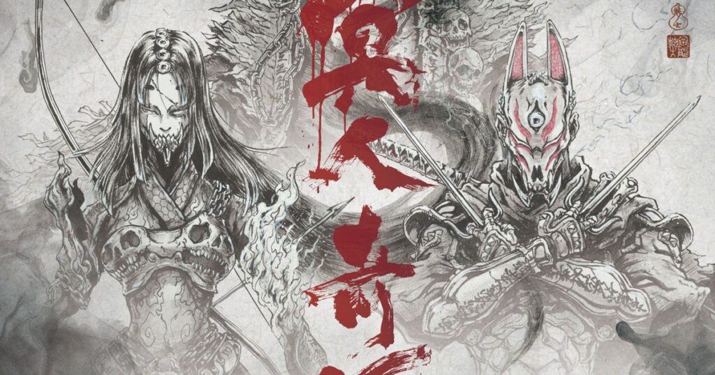 Key art horizontal do anime Ghost of Tsushima: Legends com a Caçadora de máscara óssea e arco à esquerda, o Assassino de máscara kitsune e duas katanas à direita, e kanji vermelho no centro