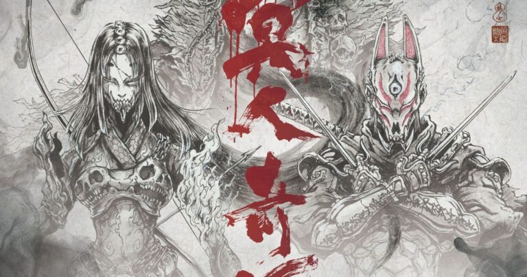 Key art horizontal do anime Ghost of Tsushima: Legends com a Caçadora de máscara óssea e arco à esquerda, o Assassino de máscara kitsune e duas katanas à direita, e kanji vermelho no centro