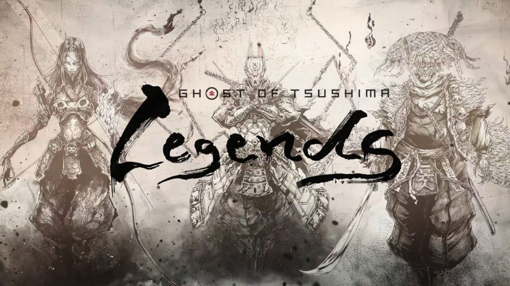 Arte promocional do teaser Character Art do anime Ghost of Tsushima: Legends, em formato widescreen, com as classes mascaradas em estilo sumi-e