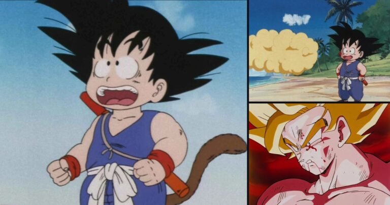 Goku criança impressionado com o Kamehameha, Goku na Nuvem Voadora e Goku Super Saiyajin em Dragon Ball