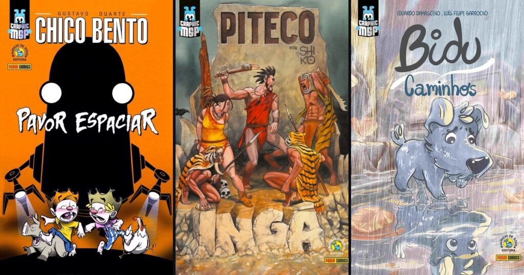 Capas das Graphic MSP Chico Bento: Pavor Espaciar, Piteco: Ingá e Bidu: Caminhos, lado a lado