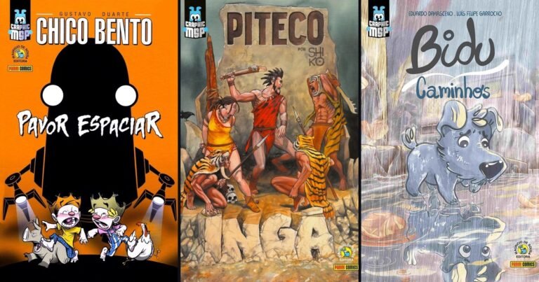 Capas das Graphic MSP Chico Bento: Pavor Espaciar, Piteco: Ingá e Bidu: Caminhos, lado a lado