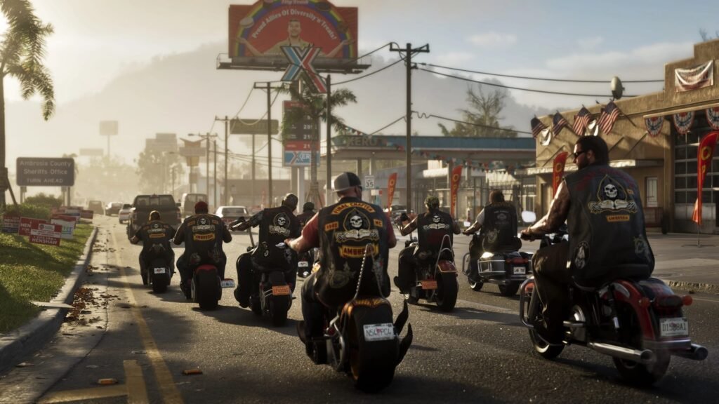 Captura oficial de GTA 6: gangue de motoqueiros numa rua de Ambrosia