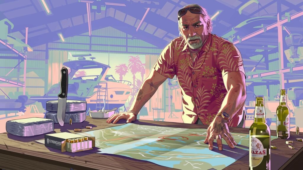 Arte oficial de GTA 6: Brian Heder debruçado sobre um mapa náutico
