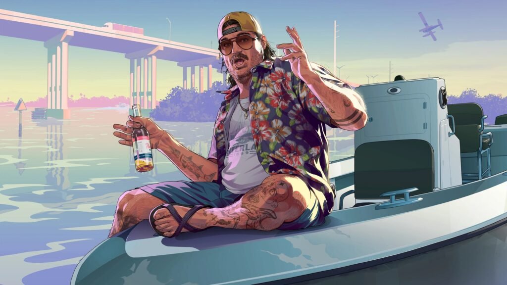 Arte oficial de GTA 6: Cal Hampton num barco, de cerveja na mão