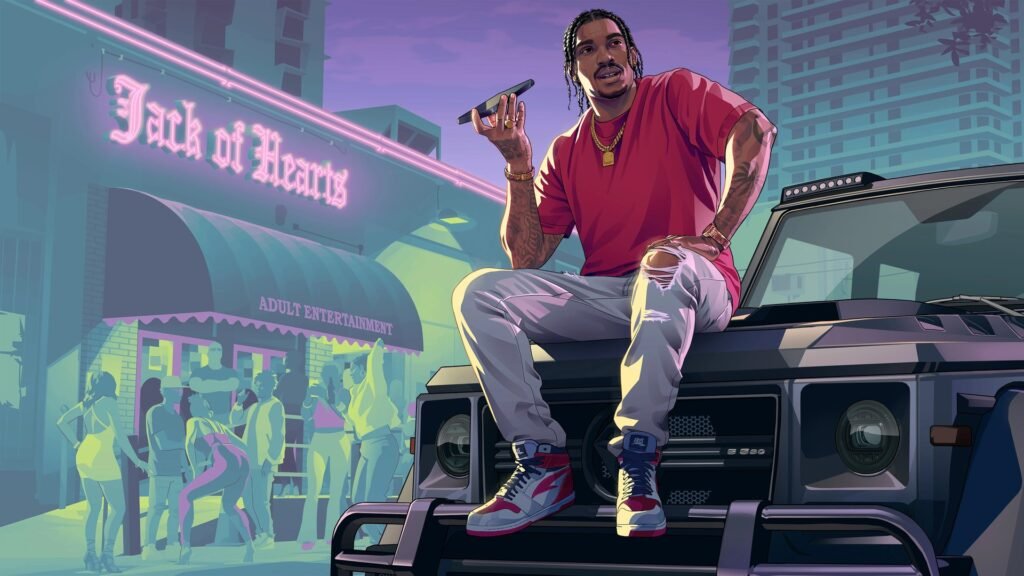 Arte oficial de GTA 6: Dre'Quan Priest sentado num carro diante do clube Jack of Hearts