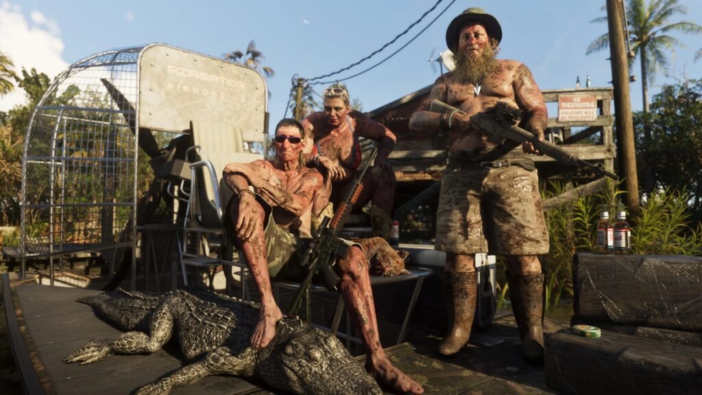 Captura oficial de GTA 6: moradores com um jacaré capturado num aerobarco em Grassrivers