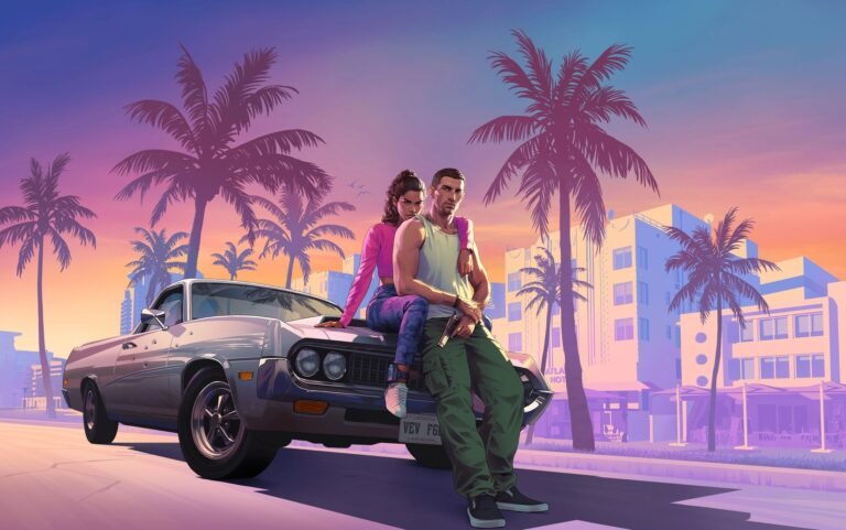 Arte oficial de GTA 6 com Jason e Lucia ao lado de um carro em Vice City