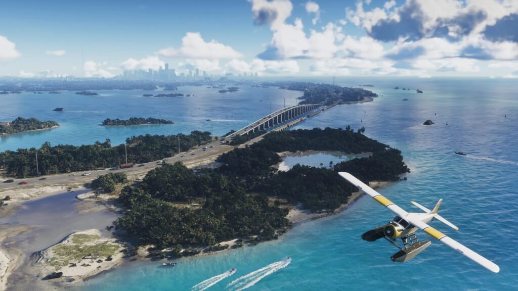 Captura oficial de GTA 6: hidroavião sobre as ilhas e pontes das Leonida Keys