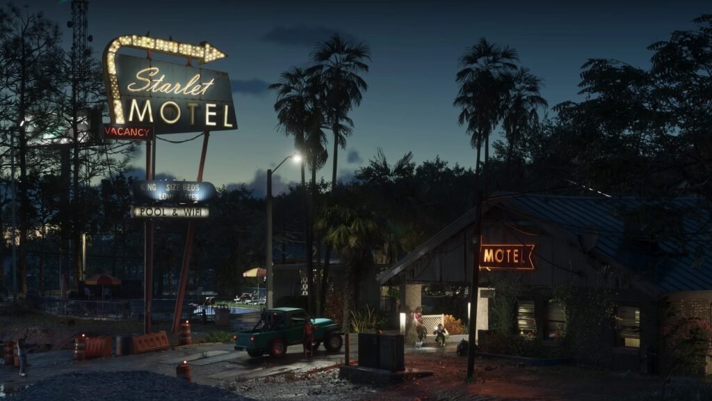Captura oficial de GTA 6: o Starlet Motel à noite em Port Gellhorn