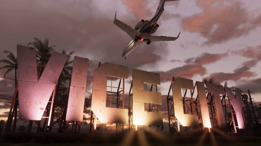 Captura oficial de GTA 6: o letreiro de Vice City ao pôr do sol, com um avião passando