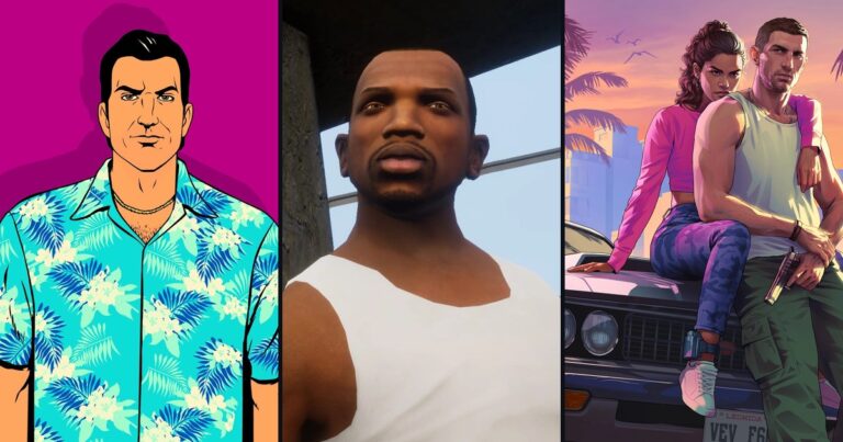 Tommy Vercetti de GTA Vice City, CJ de GTA San Andreas e Jason e Lucia de GTA 6 em artes oficiais da Rockstar