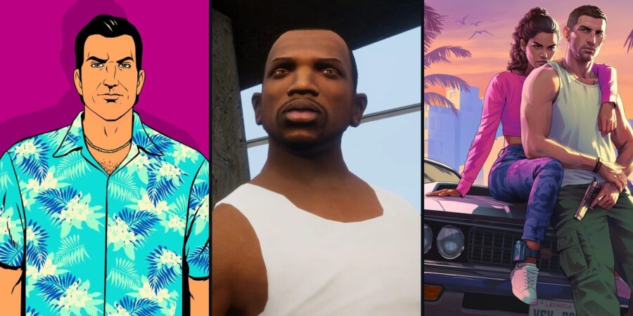 Tommy Vercetti de GTA Vice City, CJ de GTA San Andreas e Jason e Lucia de GTA 6 em artes oficiais da Rockstar