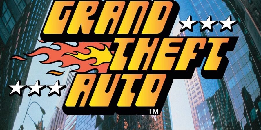 Logo do primeiro Grand Theft Auto, de 1997, na arte da caixa do jogo para PC