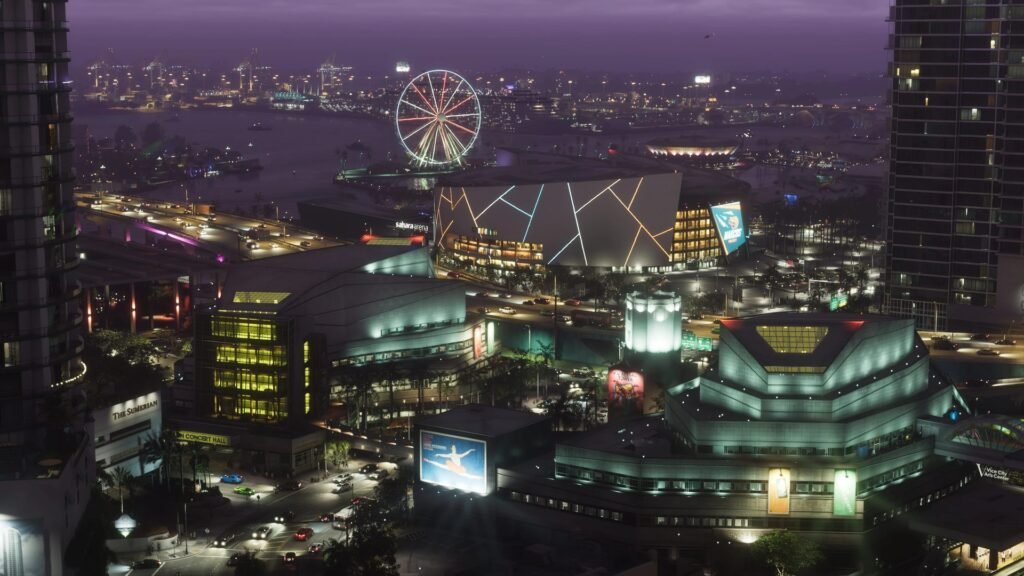 Captura oficial de Vice City à noite, do site promocional de GTA VI