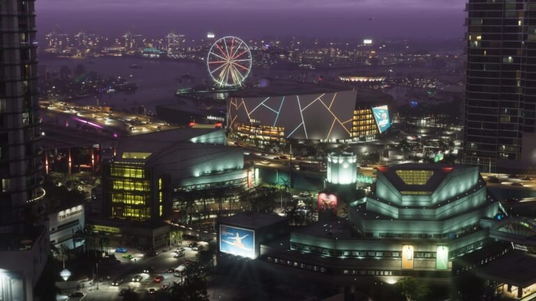 Captura oficial de Vice City à noite, do site promocional de GTA VI