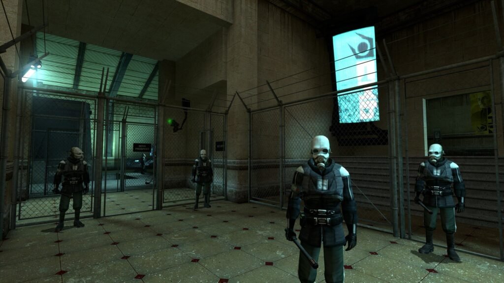 Soldados do Combine em City 17, em Half-Life 2 (captura oficial da Steam)