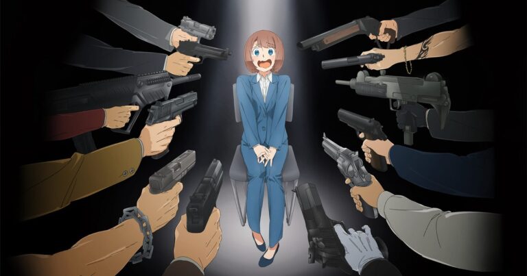 Visual teaser oficial da Anime Happy Kanako's Killer Life: Kanako Nishino, de terninho azul, sentada numa cadeira sob um foco de luz, assustada, com dezenas de armas apontadas para ela de todos os lados