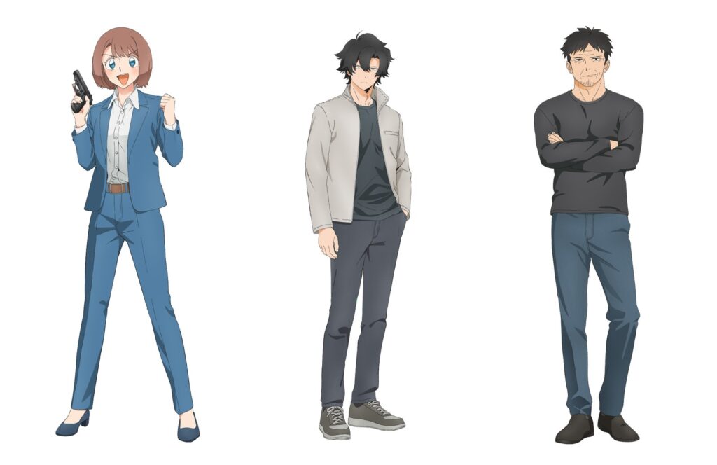 Artes oficiais dos personagens da Anime Happy Kanako's Killer Life: Kanako Nishino de terninho azul com uma pistola, o sério Sakurai de jaqueta clara e o Presidente de braços cruzados
